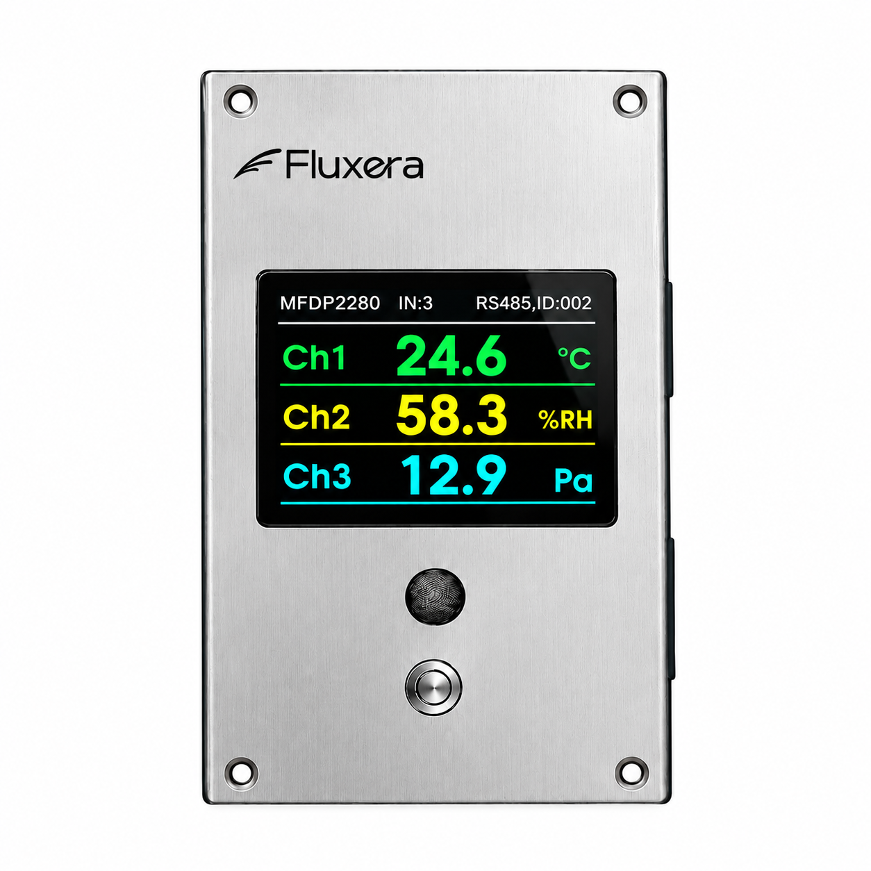 Engineered for critical environments requiring stringent hygiene, this multi-functional environmental monitor is designed for flush mounting to precisely measure and display temperature, humidity, and differential pressure. It features a rugged 316L stainless steel front panel integrated with a polycarbonate display window, utilizing a seamless, flat-surface architecture that prevents dust accumulation and stands up securely to aggressive chemical cleaning protocols involving standard detergents, sanitizers, and bactericides. The unit is equipped with a large, high-brightness 3.2-inch color TFT LCD screen capable of displaying input channels one through three either simultaneously in parallel or through an alternating view. Data acquisition relies on high-accuracy, 100% field-changeable sensors. To accommodate diverse control schemes, the hardware supports multiple input and output configurations, including optional provisions for three analog 4 to 20mA or 0 to 10V input signals, as well as three optional 0 to 10V analog output channels. For system networking and supervisory control, the device integrates optional RS485 communication utilizing the Modbus RTU protocol alongside optional front-panel key functions. This ensures native compatibility with any DDC, PLC, SCADA, or third-party data collection platform. By consolidating local measurement, visualization, and network connectivity into a single compact unit, it delivers an optimized performance-to-price ratio that directly replaces traditional, single-channel temperature, relative humidity, and differential pressure instruments.